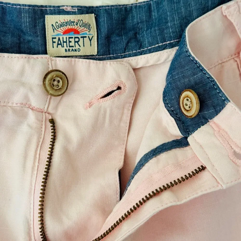 Faherty Malibu Linen Cotton Chino Shorts 42 Summer Pink Flat Front